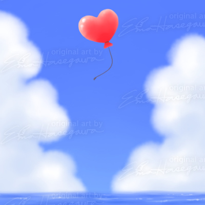 赤いハート型風船が飛ぶ、モクモク雲のある青空と海